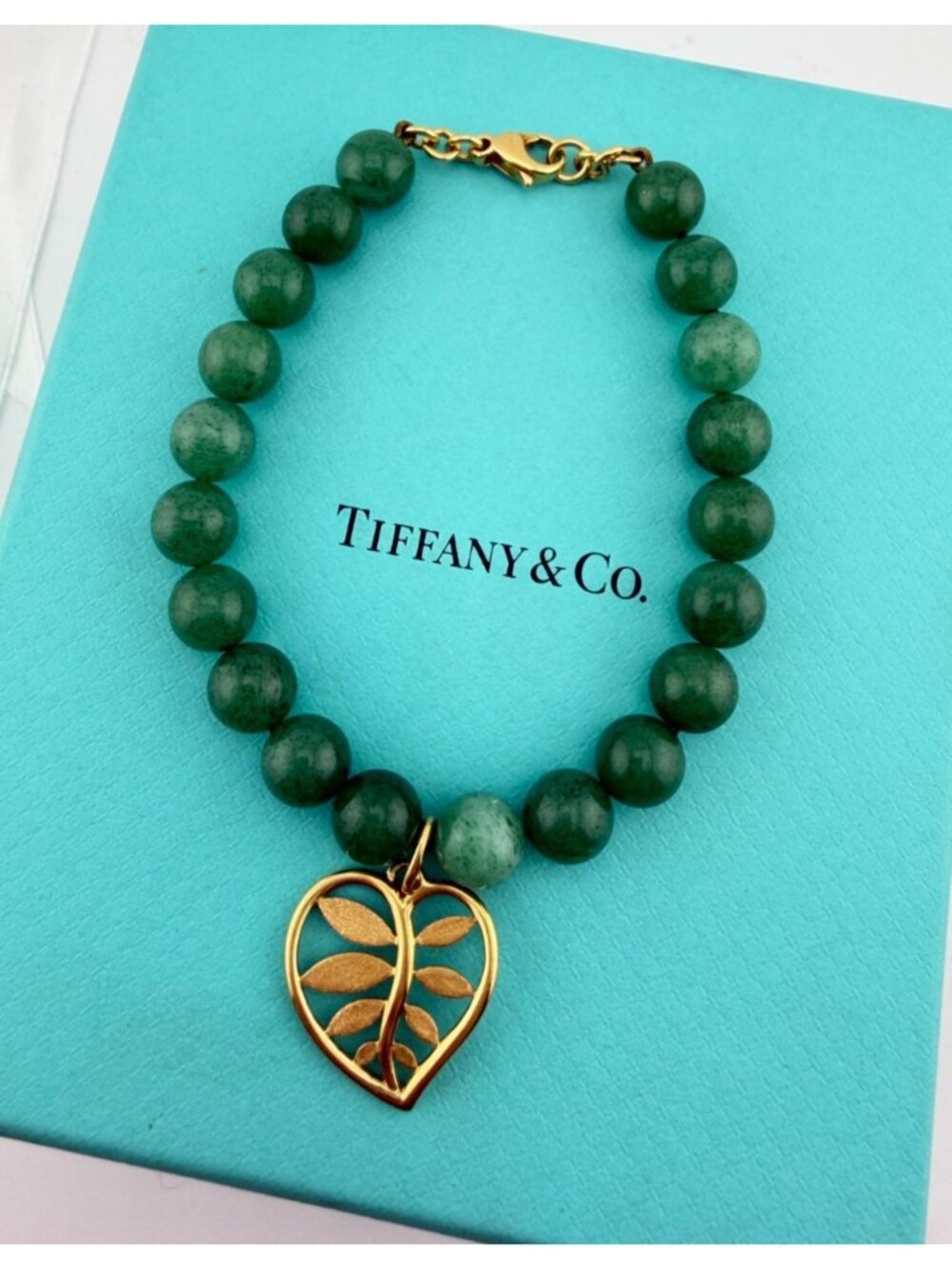 Tiffany & Co Paloma Picasso Aventurine 18k Palm Leaf Gold Bead Bracelet 7.5in